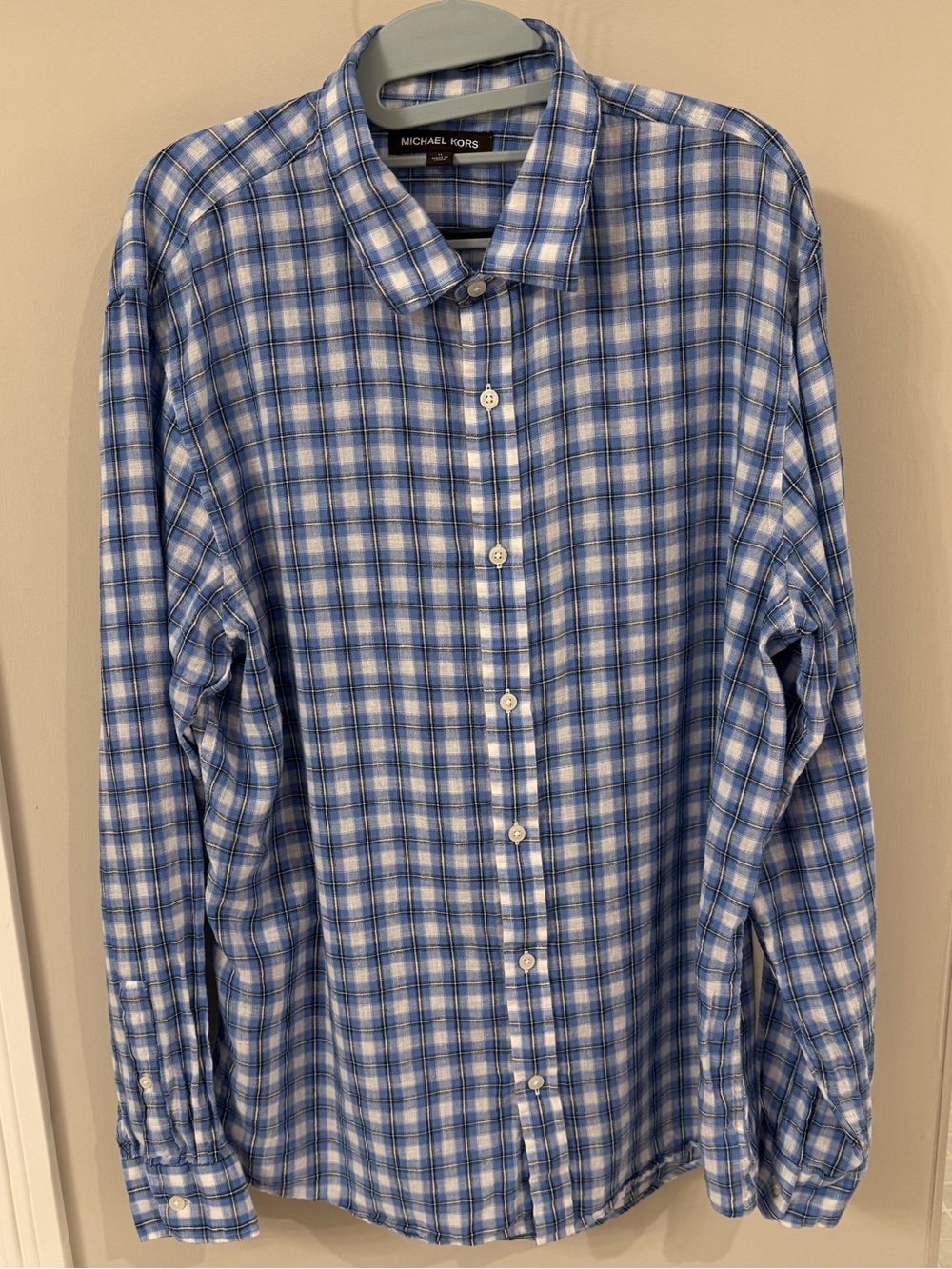 Michael Kors Men's Blue White Plaid Linen Blend Button Down Shirt XL